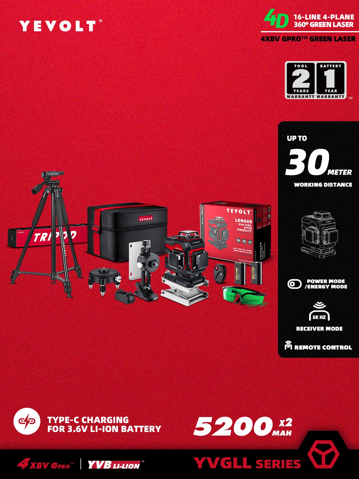 YEVOLT TP-YVGLL4XS16B2PRODP 16 Lines 4-Plane Green Laser Level Tripod Tools Kit 4D-2 x 5200mAh Power Self-Leveling