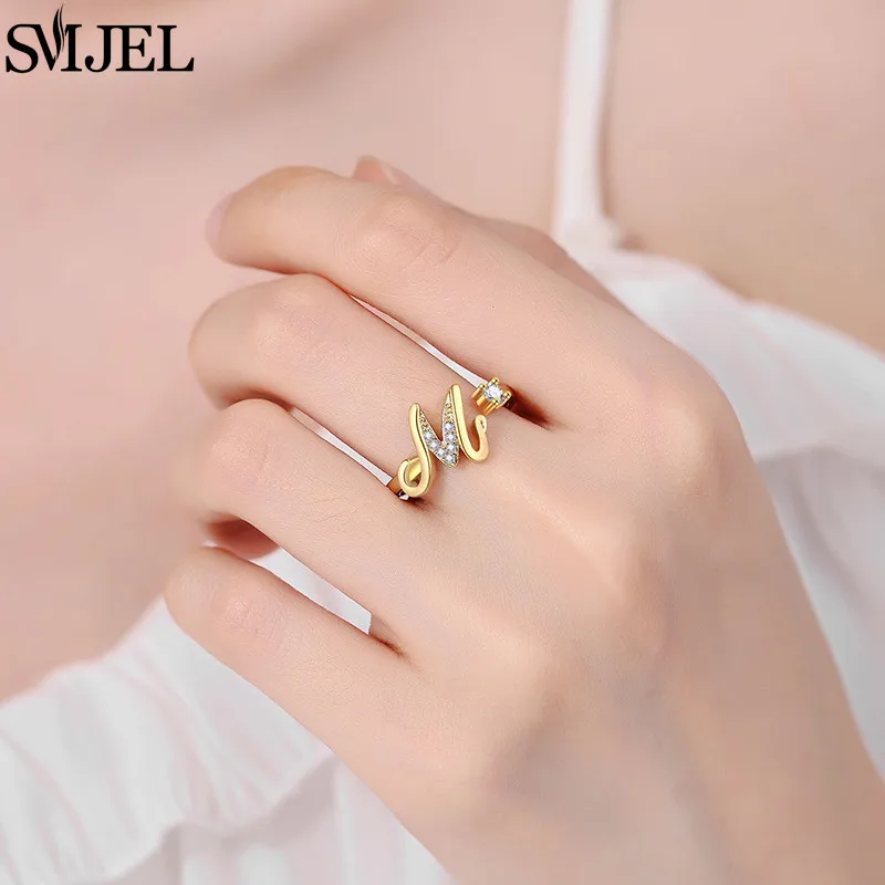 Luxury Crystal A-Z Initial Rings for Women Fashion 26 Alphabet Adjustable Open Knuckle Ring Girls Wedding Jewelry Accessories