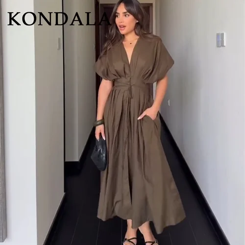Imagen 2 del producto KONDALA 2025 Otoño Invierno Vintage vestidos de mujer moda fajas de un solo pecho drapeado cuello en V sin mangas Chic marrón vestidos de mujer