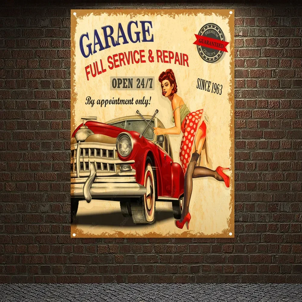 Vintage CAR Full SERVICE & REPAIR Poster Flag Auto Repair Shop Wall Decor Banner Canvas Painting Wall Art Tapestry For Garage