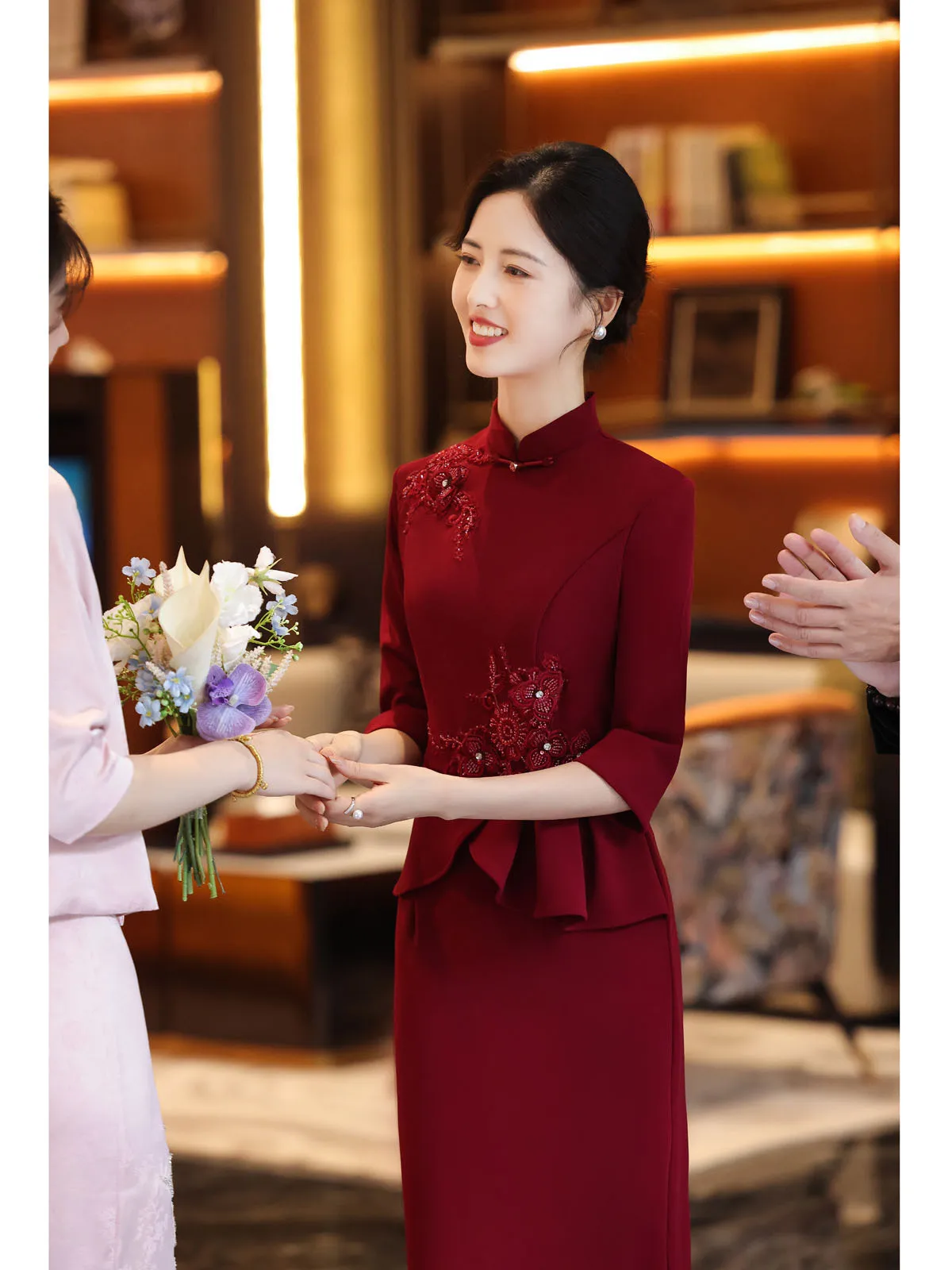 

Red Wedding Dr New Chinese Sle Long Sve Young Mother-in-law Marriage Ceremony Clothes Retro Sle Mid-Lengt...