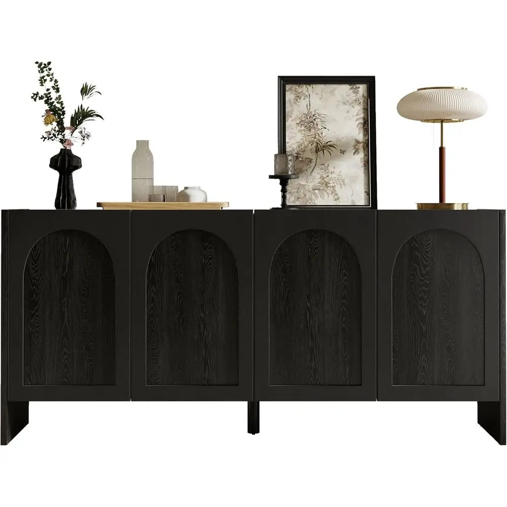 

4 Door Solid Wood Veneer Sideboard with Storage, Adjustable Shelves for Living Room, Kitchen, or Entryway (Black)