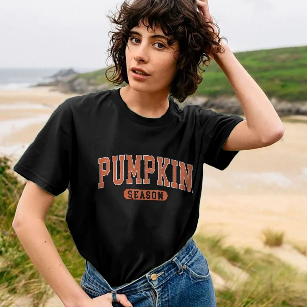 Women's Pumpkin Letter Graphic Short Sleeve T-Shirt, Casual Tee Outfit, Pure Cotton, High Quality, Trendy, Summer