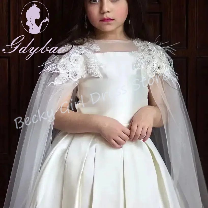 Customized Ivory Flower Girl Dresses For Wedding Satin Feather Flowers Shawl Cute Princess First Communion Elegant Pageant Gown