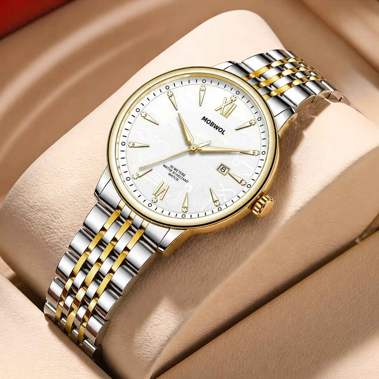 MOBWOL Men Quartz Watch Business Luxury Wristwatch  Stainless Steel Bracelet White Dial  Date Waterproof Male Clock Gift For Men