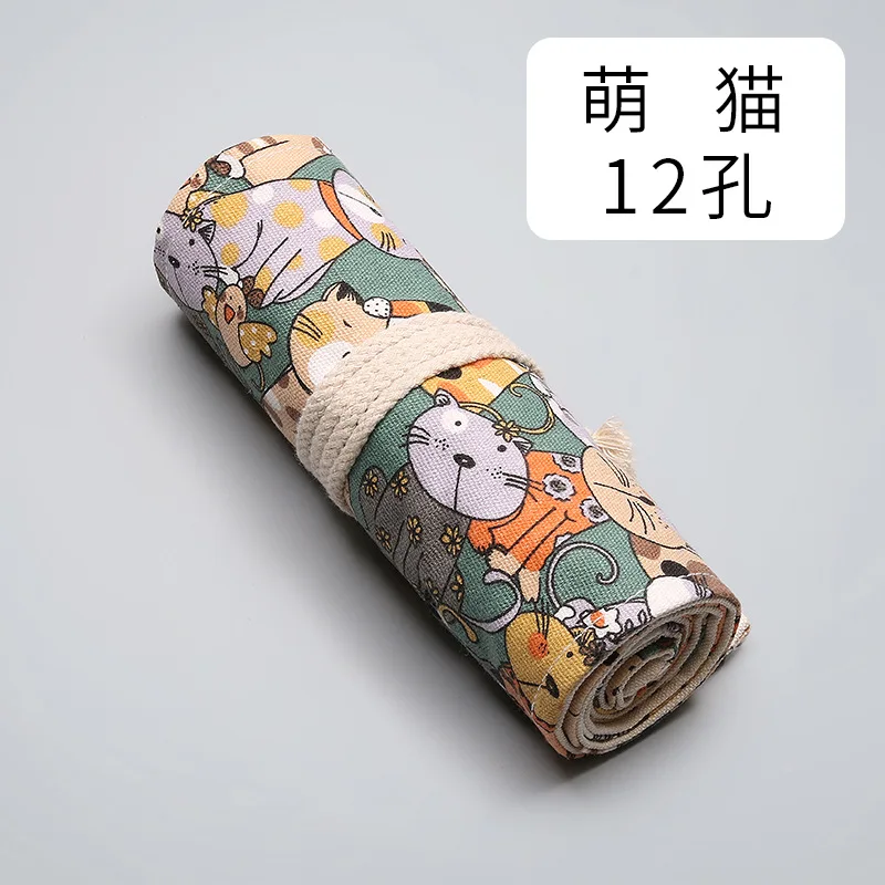 12/24/36/48/72 Holes Cute Cats Canvas Roll Up Pencil Case School Students Supplies Brush Pen Bag Cute Pencil Cases Stationery