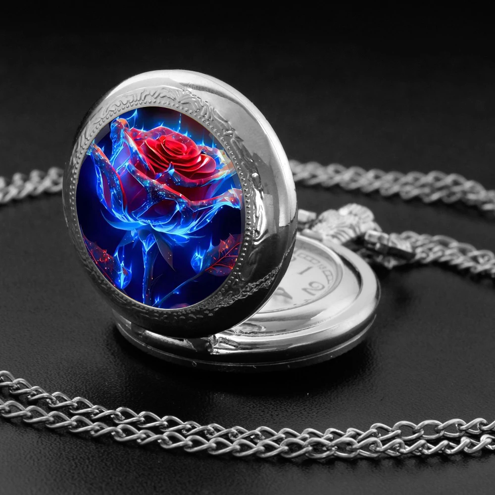 Personalised Fashion Silver Stainless Steel Blue Rose Glass Dome Quartz Pocket Watch Necklace Women Jewelry Pendant Chain