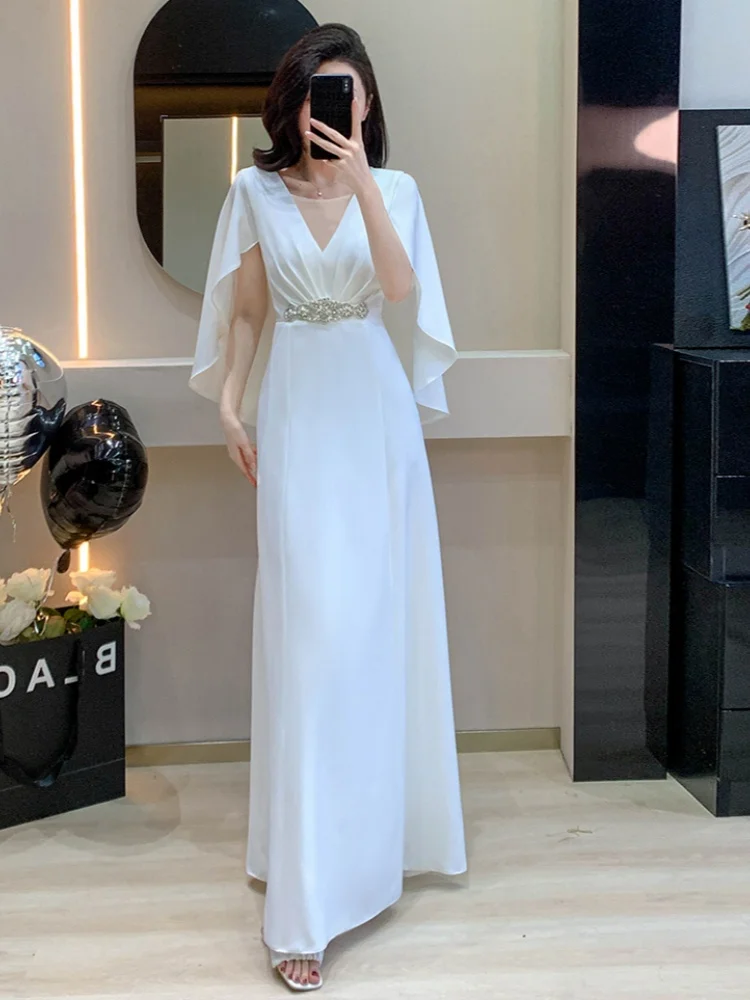 Solidne wyszczuplające temperament eleganckie sukienki dla kobiet wokół szyi biała luksusowa długa sukienka z koralikami kobieca elegancka odzież nowość