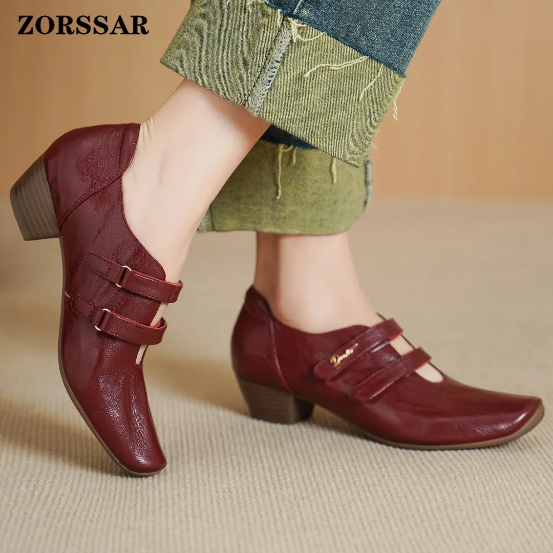 

2026 Spring New Women's Sheepskin Square Toe Double Narrow Band Hook&loop Slip-on Pumps 4cm Thick Med Heel OL Style Daily Shoes