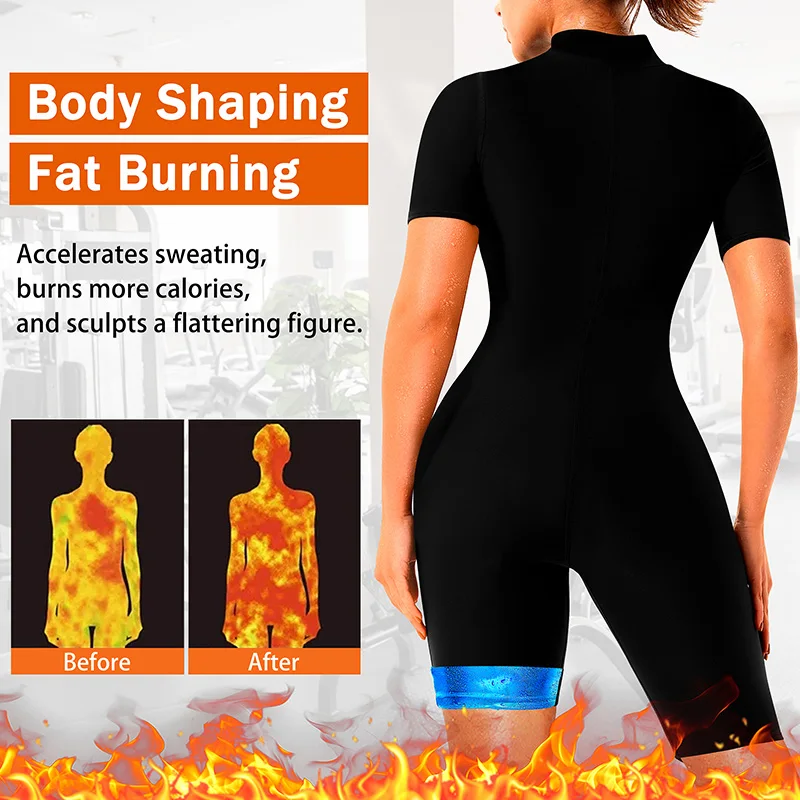 Women's 4-In-1 Short Sleeve Shorts Sauna Sweat Suits Full Body Fat Workout Weight Loss Slimming Shaper Waist Trainer Jumpsuits