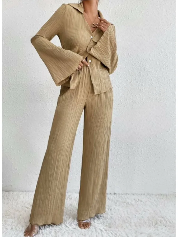 Spring Autumn Women\'s Set 2024 New Folding Long Sleeve Bell Sleeve Slit Shirt Wide Leg Pants Casual Fashion Two-piece Set