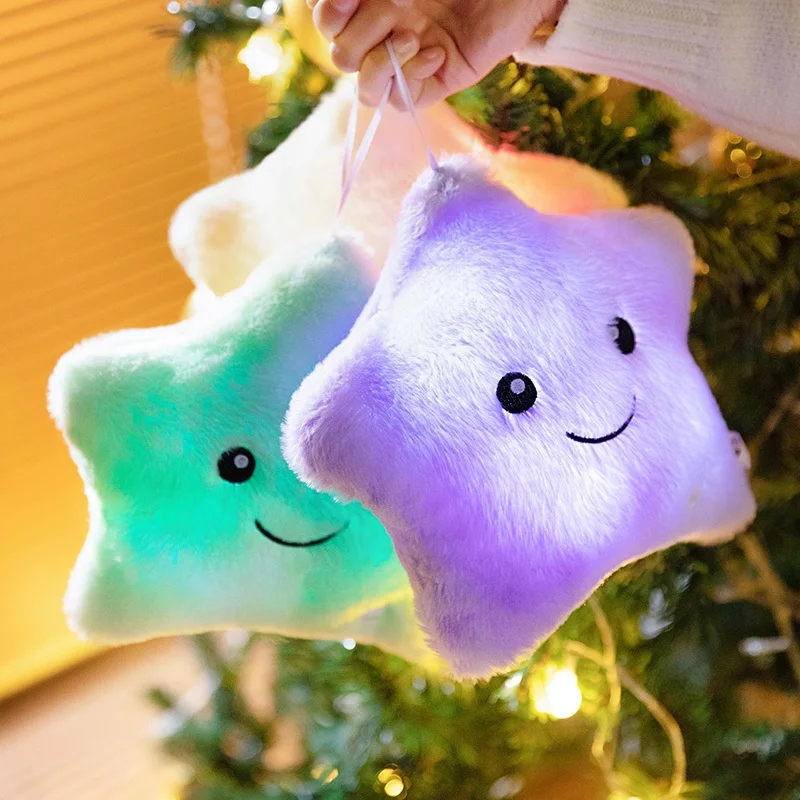 24x22/40x35cm Glowing Star Plush Pillow Stuffed Smiling Face Soft Purple Blue Green Yellow Overnight Plushie Friend Gift