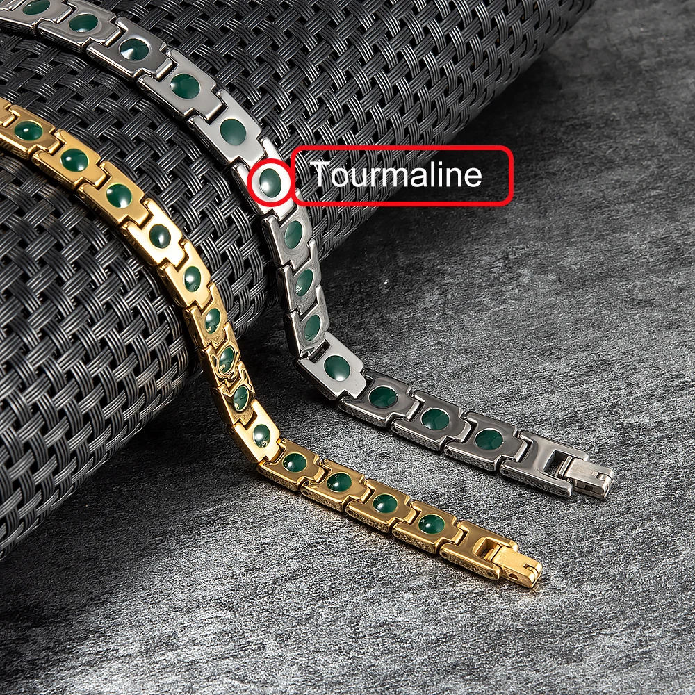 Vinterly Anti-scratch Tungsten Carbide Bracelet Men Green Tourmaline Health Benefits Gold-color 20/21cm Jewelry Waterproof