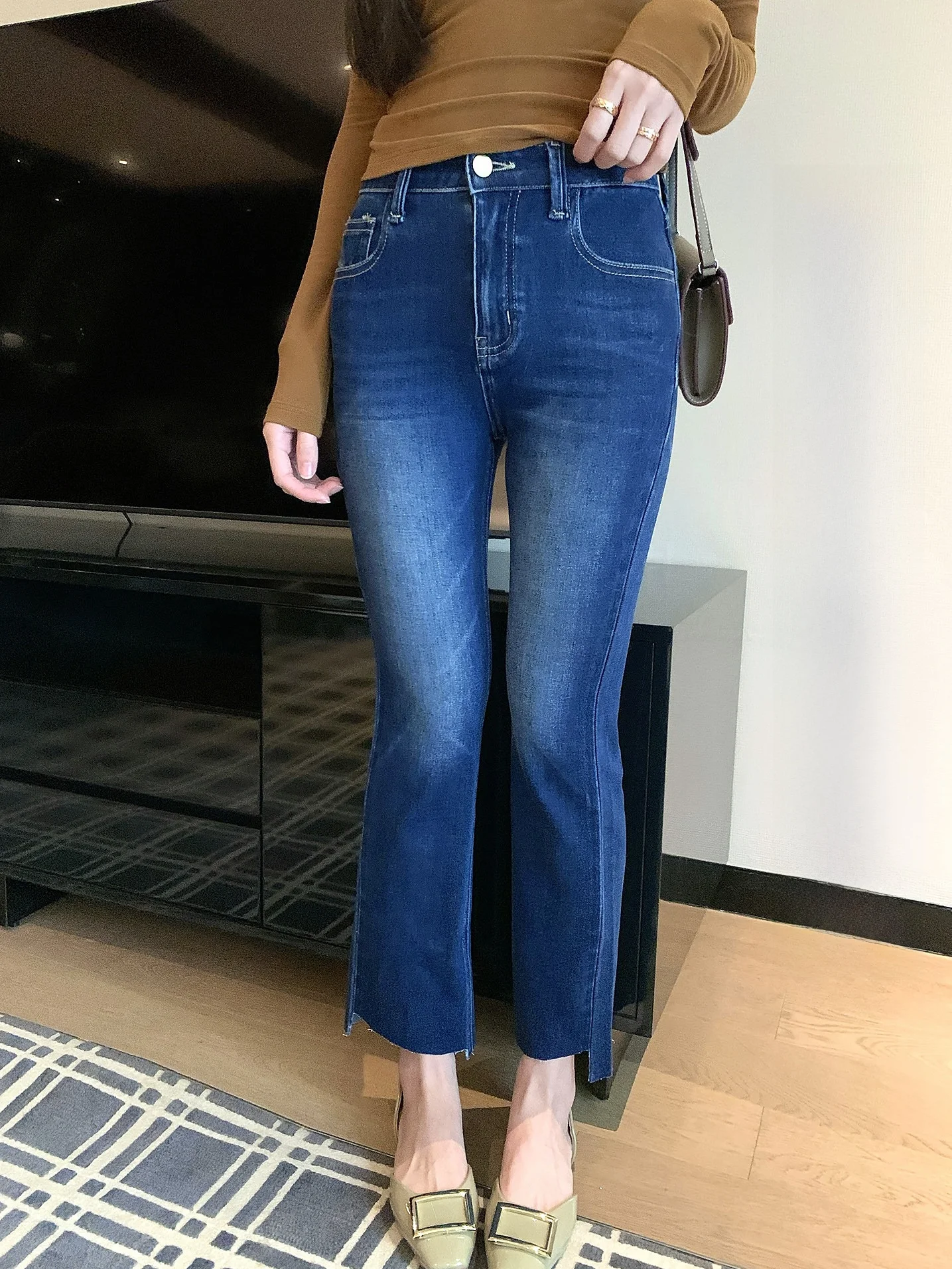 

Женские джинсы Deep Blue Faded Denim, облегающие, повседневные, весенние, модные, укороченные, удобные, с пуговицами на талии