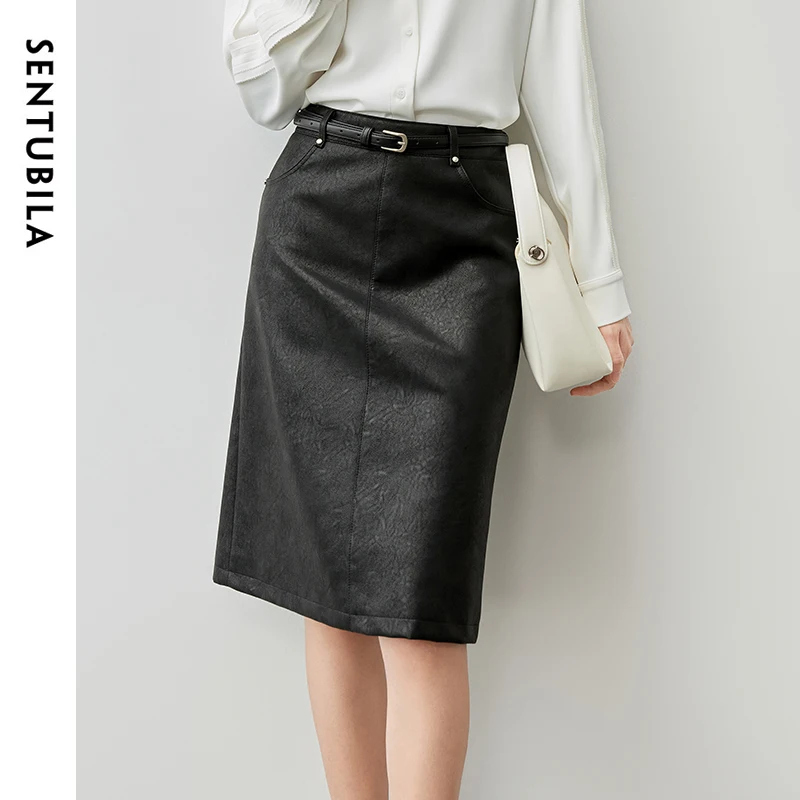 

SENTUBILA Black High Waist PU Leather Skirt Female 2024 Autumn Straight Office Lady Knee-length Skirt Women Clothes 143Q56880