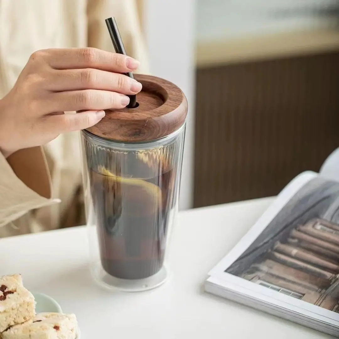 Glass straw cup, large capacity, unisex office water cup, double-layer heat-resistant with lid, coffee cup