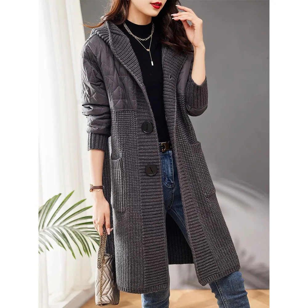 Long Patchwork Thicken Quilted Sweater Jacket For Women Autumn Winter Wool Sweater Coat Female Korean Loose Hooded Knit Cardigan