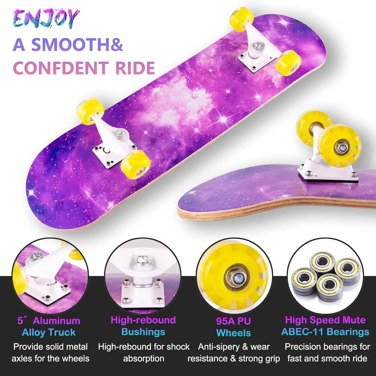 لوح تزلج كامل مقاس 31 × 8 بوصة، سطح خشب القيقب مكون من 8 طبقات للأطفال والمراهقين والبالغين والمبتدئين #2