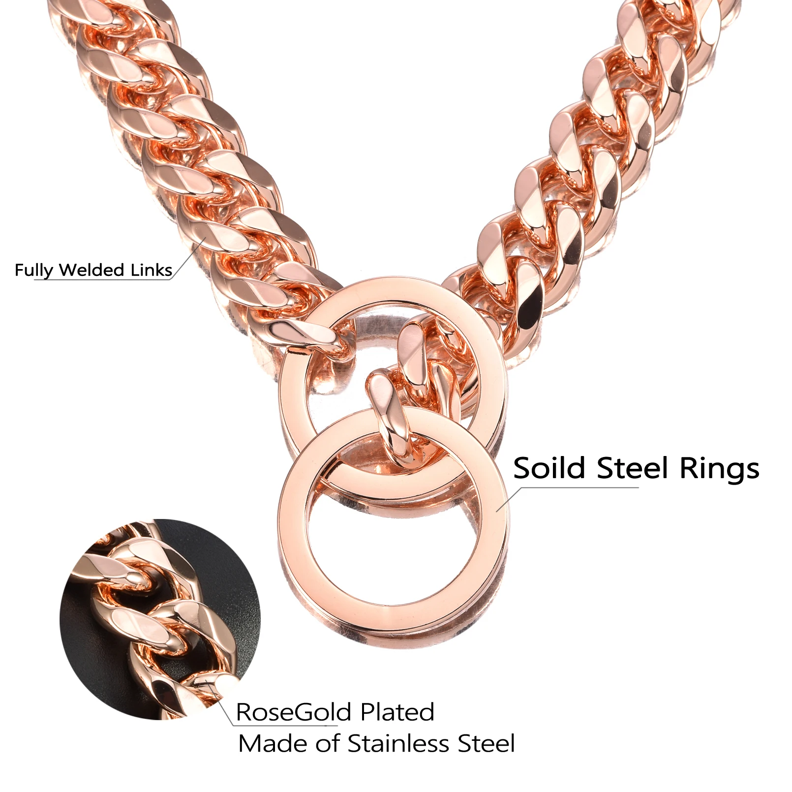 Kerah rantai anjing Stainless Steel, kalung hewan peliharaan emas mawar, Choker rantai P kuat untuk anjing kecil dan besar, lebar 15mm