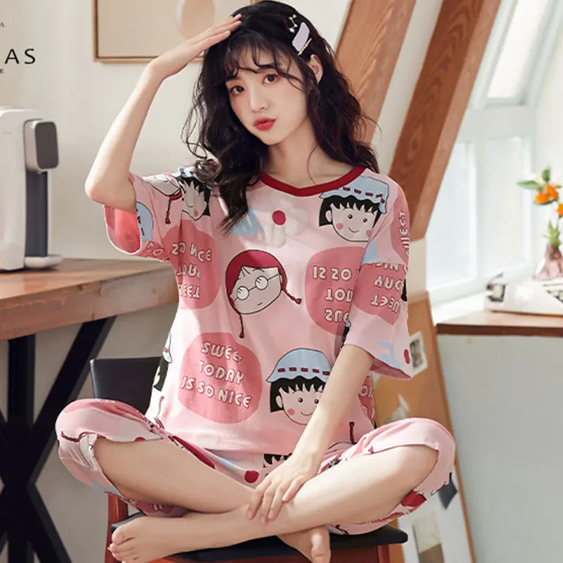 Anime Cartoon Chibi Maruko-Chan Women\'s Pajamas Summer New Cute Short Sleeve Round Neck Thin Sweet Girly Home Clothes Set Gift