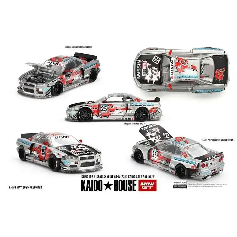 

Предпродажа KHMG 197 1:64 Nissan Skyline GTR R34 Kaido Star Racing V1, модель автомобиля с открывающимся капюшоном, литой под давлением Kaido House MINIGT