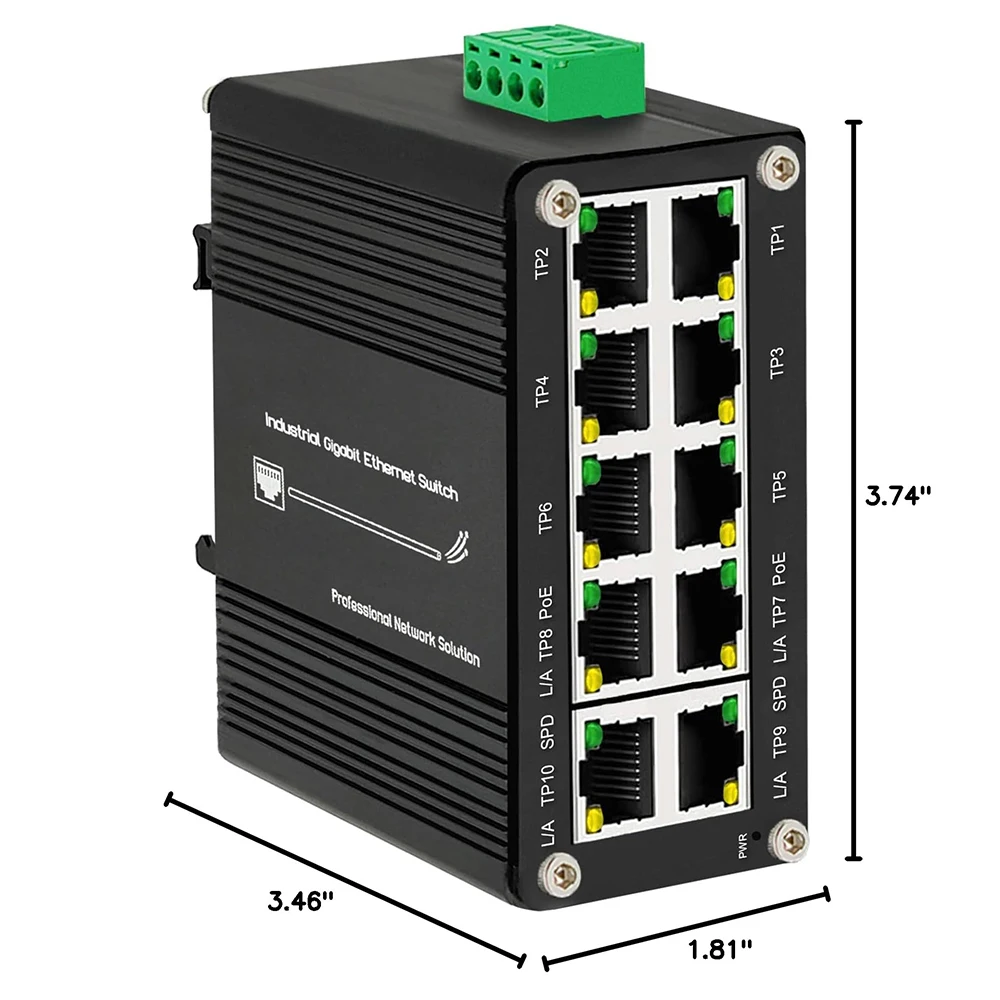 MIni 10 Port Gigabit Industrial Ethernet PoE Switch 8-Port 10/100/1000T 802.3at PoE Up to 240W PoE Budget DIN-Rail installation