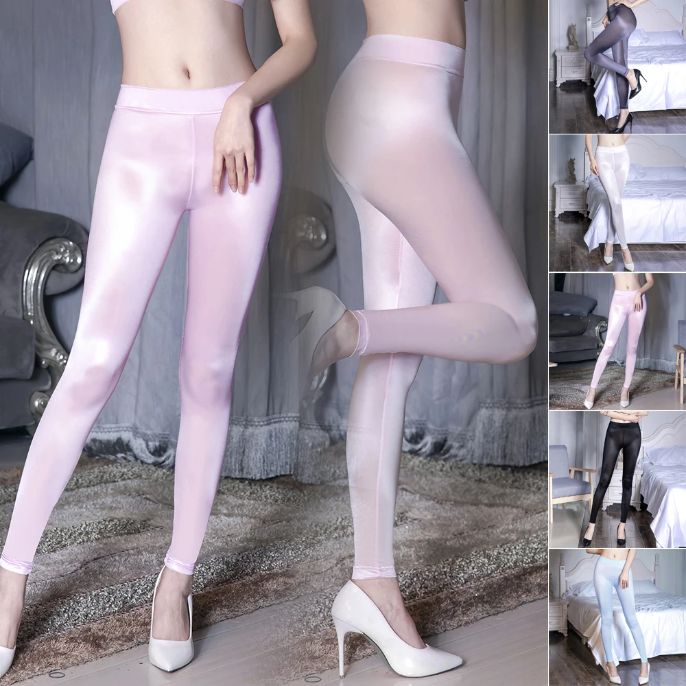 Moda quente leggings calças ver através brilhante clubwear elástico senhoras senhora calças compridas náilon ultra fino