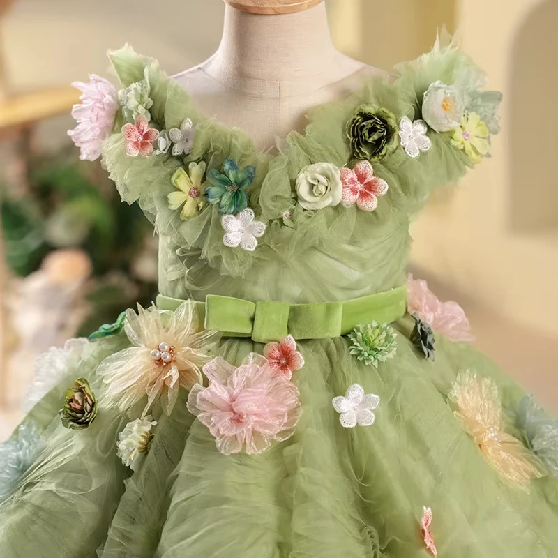 Green Floral Princess Dress for Kids Elegant Summer Birthday Party Dresses Girls Flower Vestidos Costumes Childrens Formal Gown
