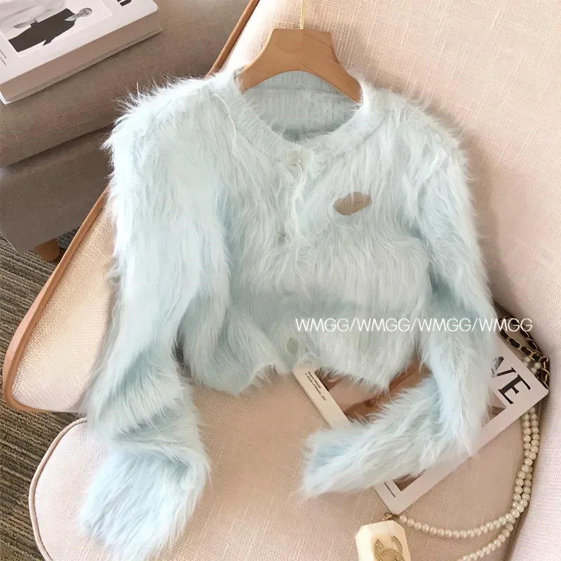

Blue Fluff Sweater Cardigan Jacket for Women in Autumn and Winter Soft Imitation Mink Hair Lazy Short Knitted Top