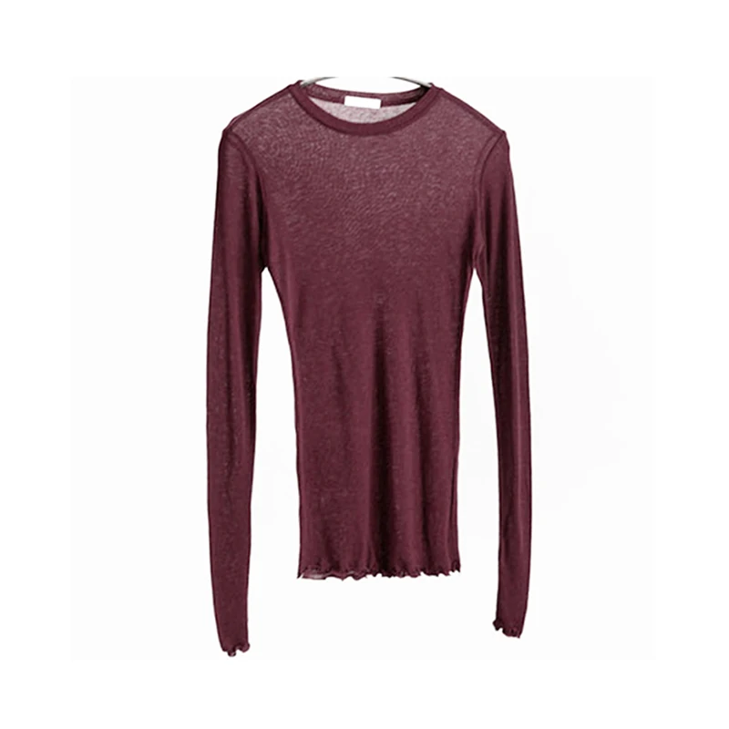 T-shirt à manches longues pour femmes, simple, en coton, élastique, basique, décontracté, sexy, fin, transparent, de haute qualité