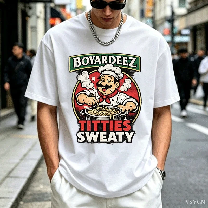 Boyardeez Titties Sweaty Funny Men T Shirt Retro Pasta Cook Adult Humor Meme Image 1 of 2 Vintage Washed Stylish Casual Graphic