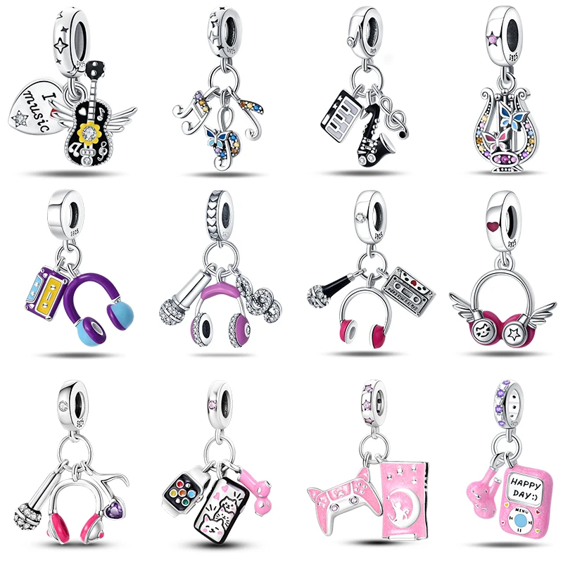 Fit Pandora 925 Original Bracelets 925 Silver Color Guitar Microphone MP3 Music Series Charms Beads Fashion DIY Jewelry Gifts