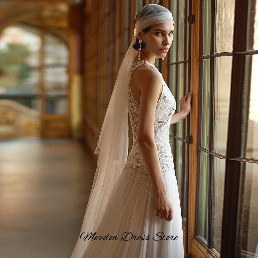 Sparkly Beading Sequined Bridal Gowns Classic Customized O-Neck Sleeveless Wedding Dress Soft Chiffon A-Line Vestido De Novia image 4