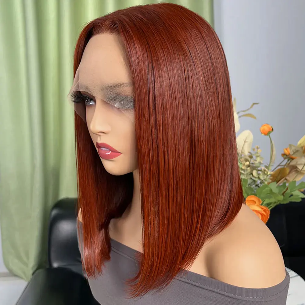 Roodbruine Bob Pruik Menselijk Haar 13X4 Lace Voorkant Pruiken Menselijk Haar Pre Geplukt Korte Bob Pruik 180% Dichtheid 12a Kleur #33