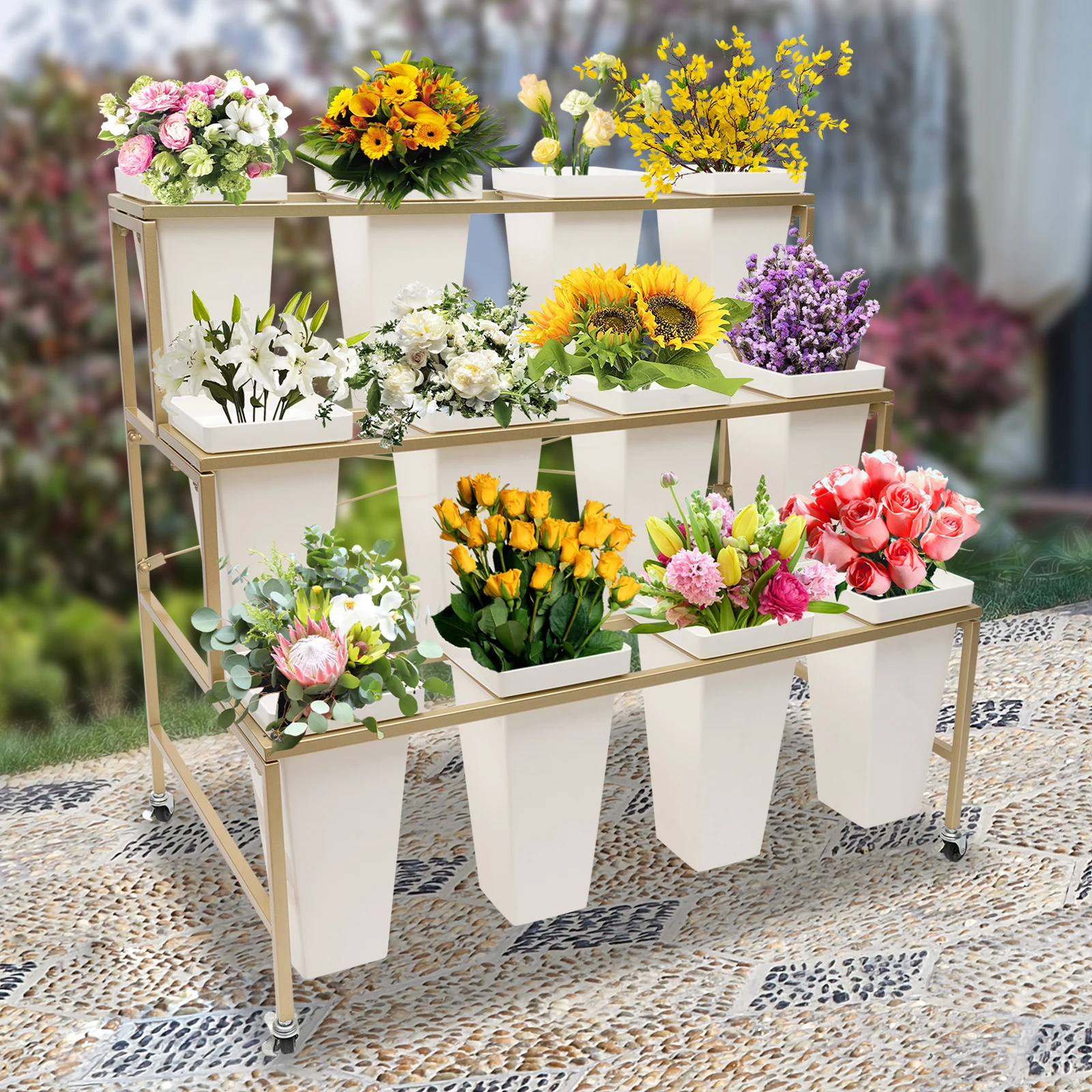 3 Layers White Flower Display Stand Heavy Duty Metal Plant Cart Shelf with 12 Buckets & Wheel for Home Patio Garden Florist image 3