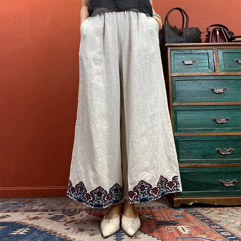 Ethnic Style Pants Chinese Style Embroidered Thin Wide-leg Pants Retro Versatile High-waisted Nine-point Pants for Women