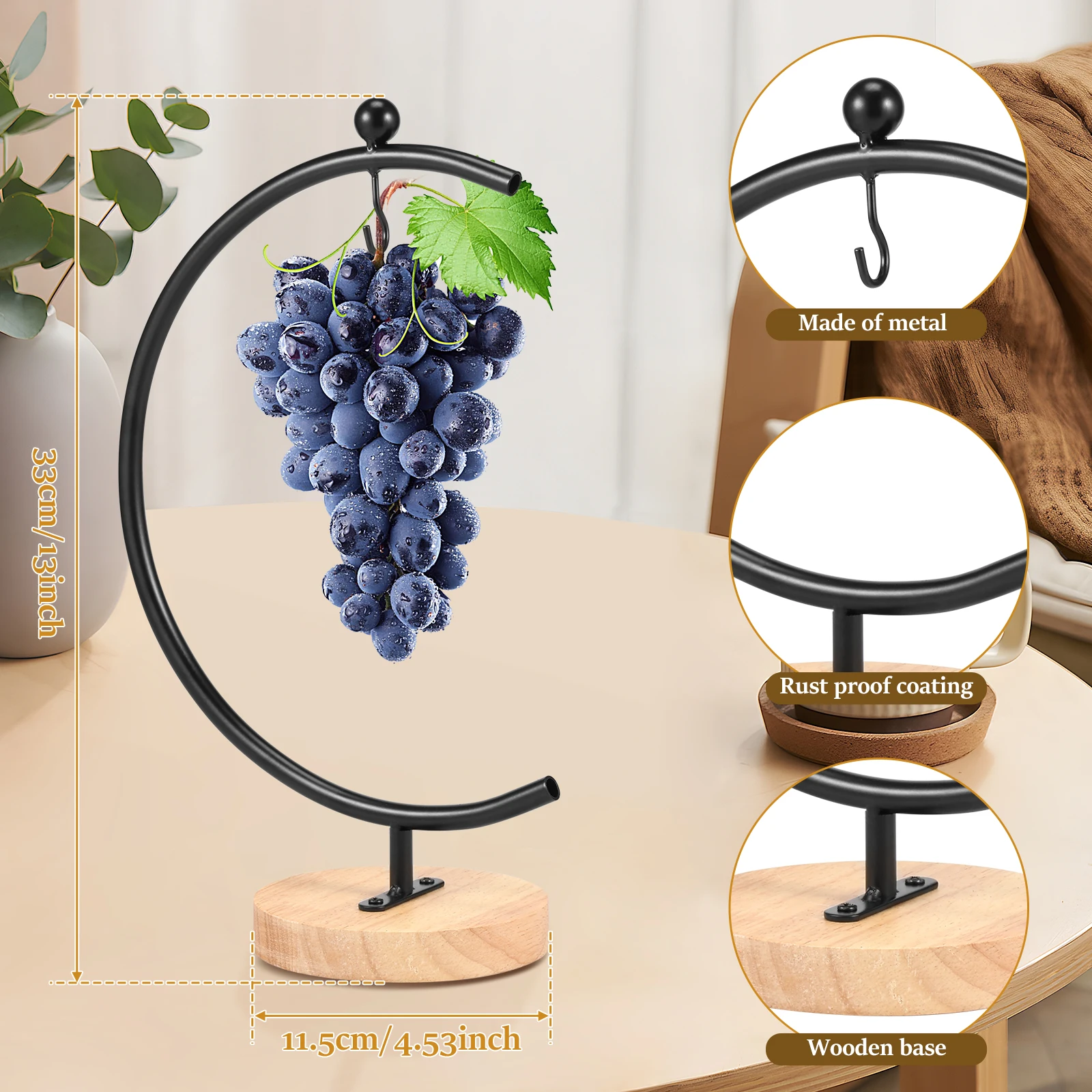 Banana Holder Stand Moon Shape Banana Hanger Rack Metal Fruit Hanger with Wood Base Stable Banana Hanger Stand Decorative