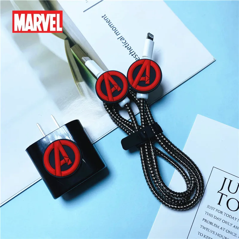 Cartoon Marvel Cable Winder Set For iPhone 11 12 Fast Charging 18/20 W Plug Data Line Charger Protection Sprial Cable Protective