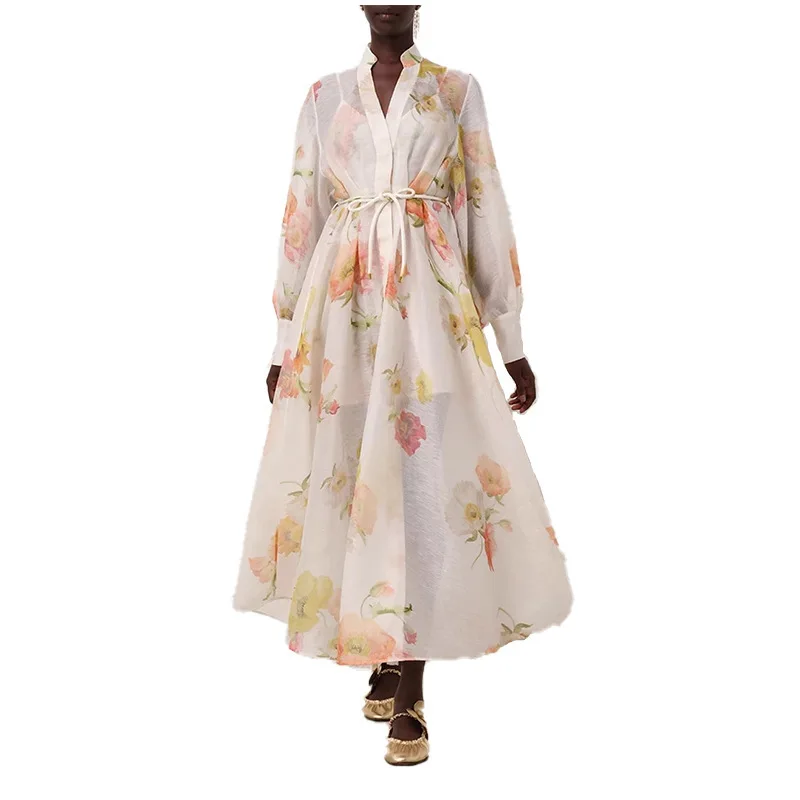 

Niche Design Sheer Imitation Silk Linen Two Piece Set Belt Print Dress Women