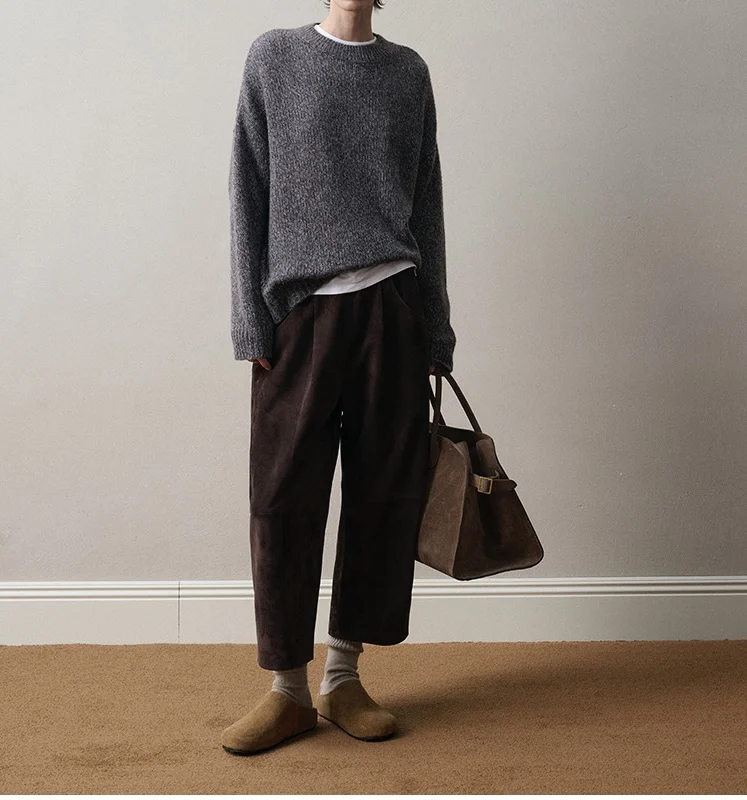 Retro 2025 Leather Ankle-Length Pants Women Elastic Waist Suede Sheepskin Wide Leg Length Straight Cylinder Trousers Black brown