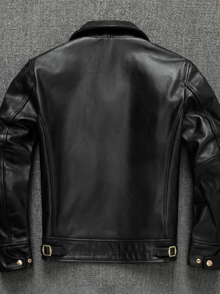Mens Slim Fit 100% Horsehide Genuine Leather Jacket Lapel Collar Zipper Windproof Moto Biker Riding Coat Autumn Winter Outerwear view 4