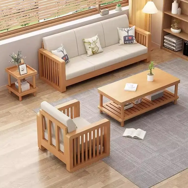 

Solid wood sofa household modern simple beech coffee table Chinese living room three double combination chaise longue