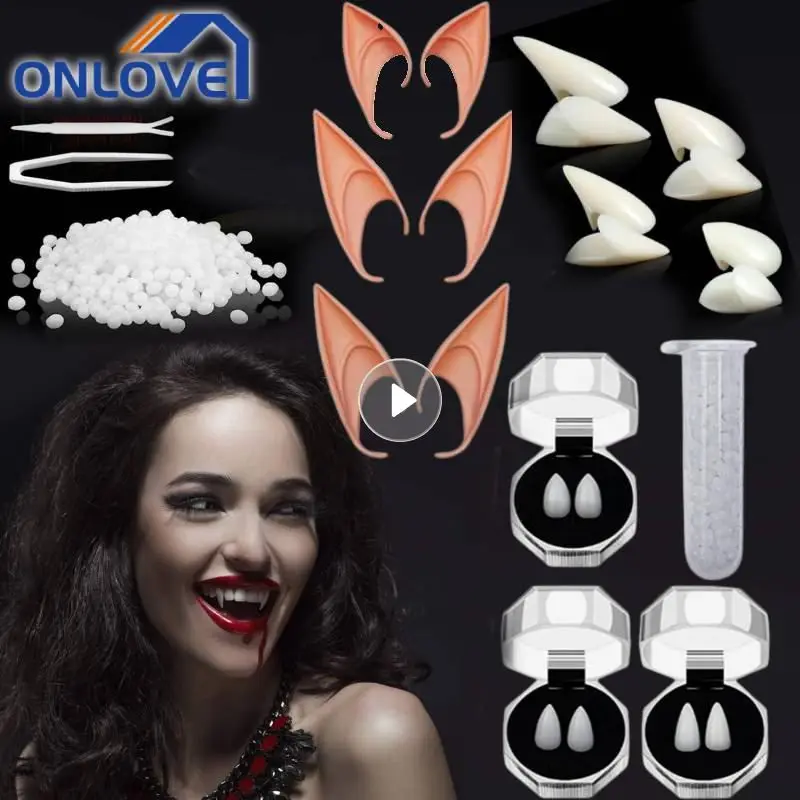 Accesorios de dientes de vampiro para Halloween, orejas de látex, accesorio de disfraz de Hada, orejas de elfo de Ángel, accesorios para fotos, juguetes de Cosplay para adultos y niños