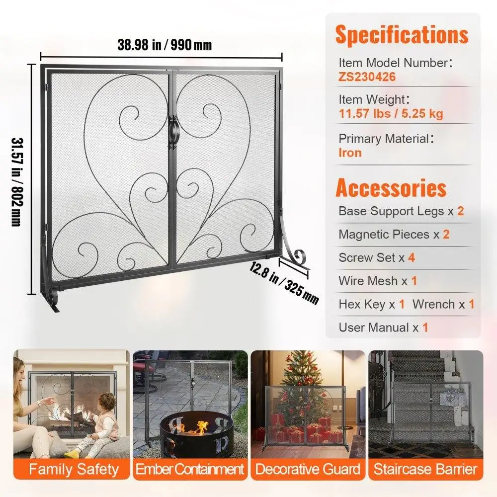 39'' Iron Mesh Fireplace Screen with Door – Free Standing Spark Guard, Easy Install, Vintage Home Decor