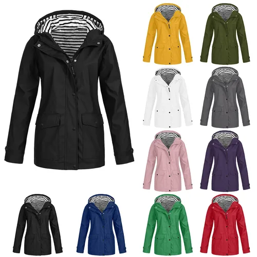 Imagen 2 del producto Nueva chaqueta de retención de calor de lluvia sólida para mujer, impermeable de talla grande para exteriores, impermeable con capucha, a prueba de viento, senderismo, escalada, abrigo de montañas