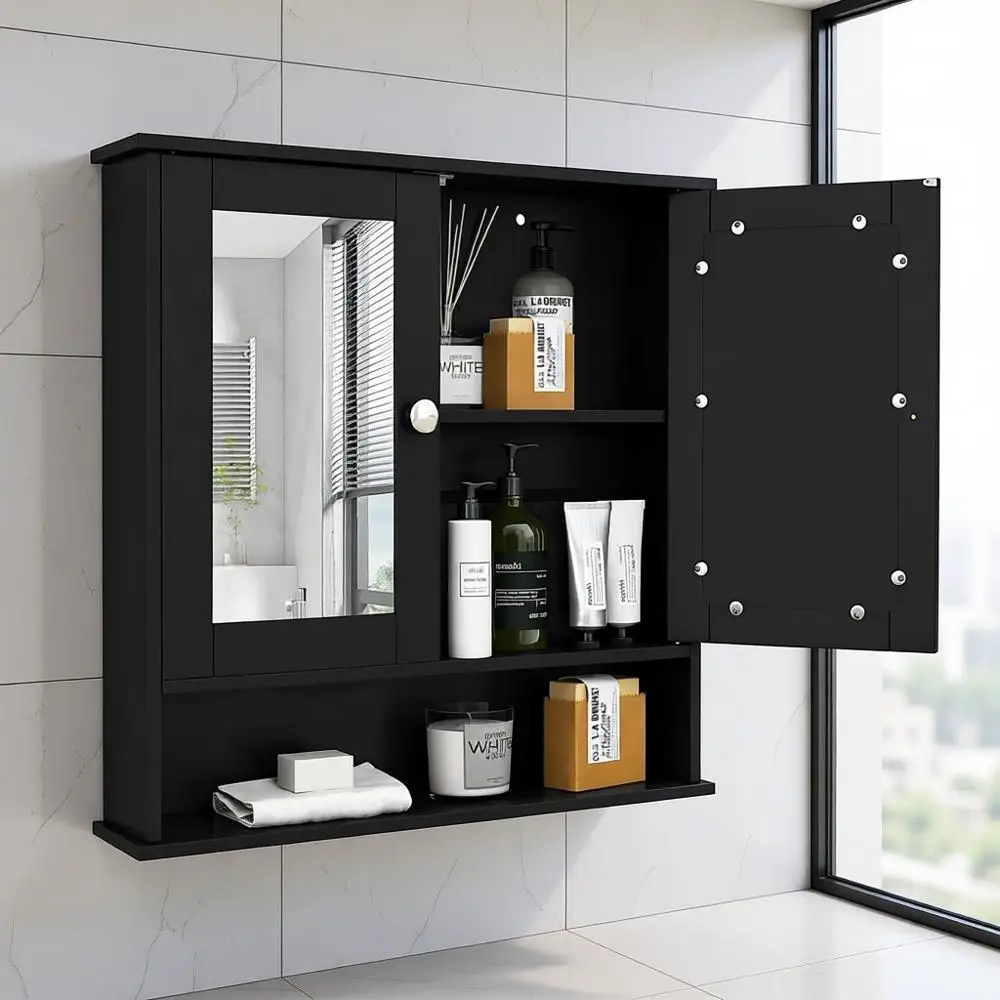 

Wall-Mounted Wooden Medicine Cabinet with 2 Mirror Doors, Adjustable Shelves, Open Compartments, Suitable for Bathroom, Laundry,
