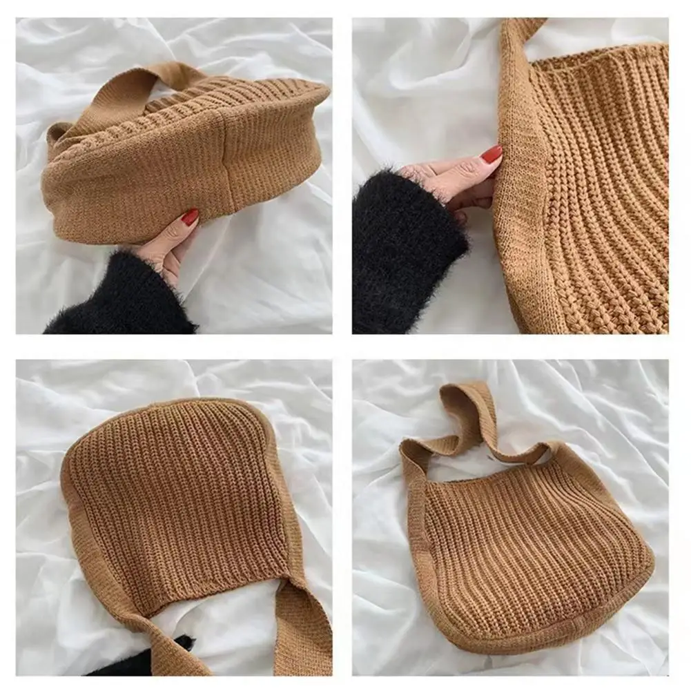 Women Knitting Shoulder Bag Large Capacity Handmade Knitted Solid Color Vintage Tote Bag Shopping Bag bolso mujer сумка женская