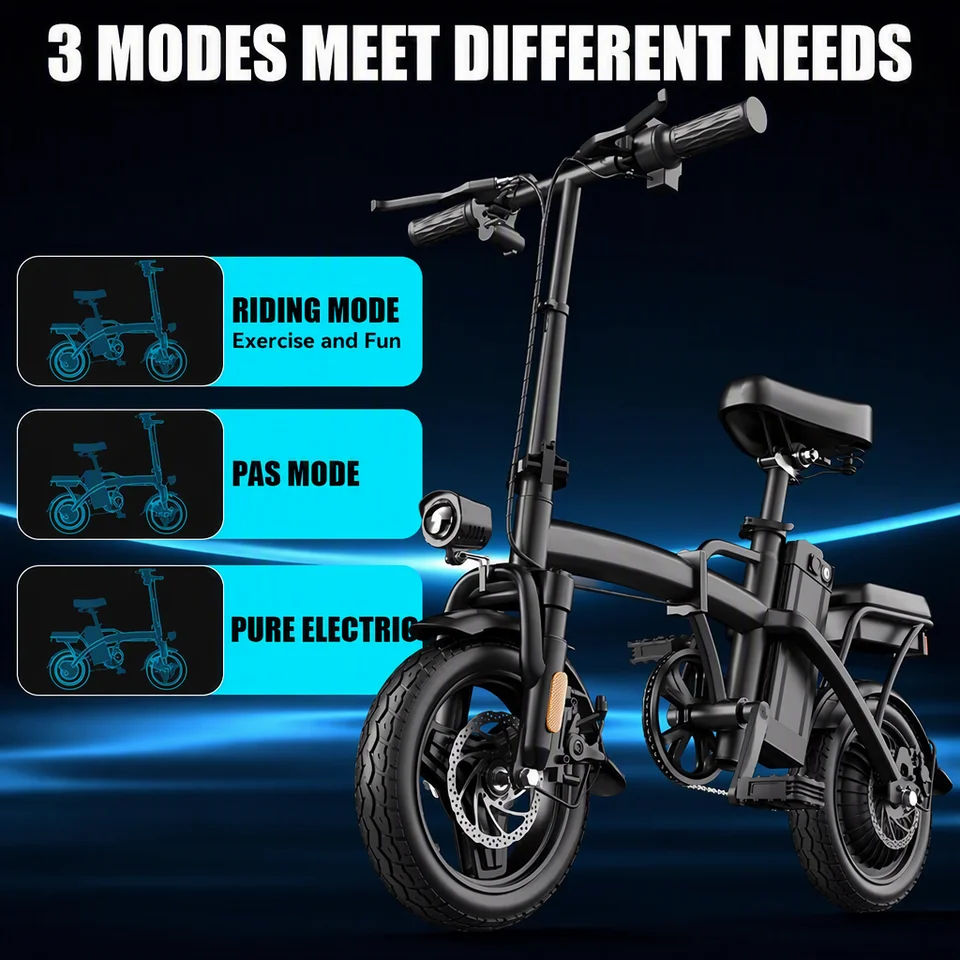14 Inch Foldable Electric Bicycle 500W Motor 19.9MPH Max Speed Removable Battery 3 Riding Modes Dual Suspension Commuter Folding E Bike