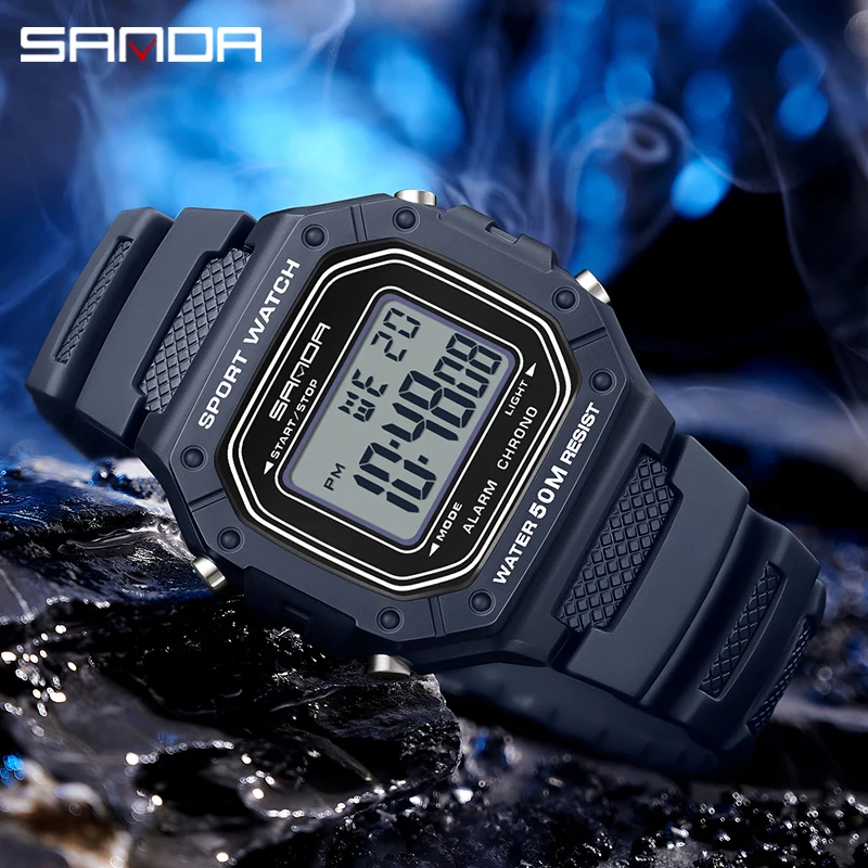 SANDA 2156 Men Watch New Model Electronic Digital Movement Rectangle Led Display Dial Outdoor Sports Watertight Male Wrist Watch