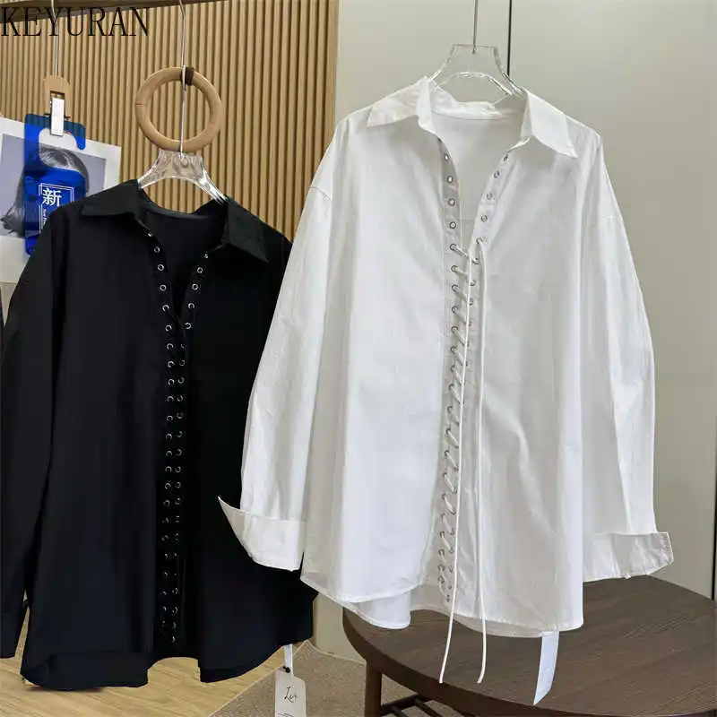 

White Long Sleeve Bandage Lace Up Women's Shirt 2026 Spring Fashion Lady Lapel Hollow Out Top Loose Casual Blouse Female Shirts